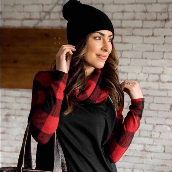 Private Label Tops - Black Cowl Neck Plaid Casual Long Sleeve Top